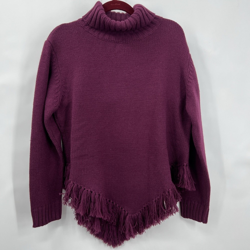 Susan Graver Size L‎ Poncho Cape Burgundy Sweater Fringe Hem Cowl Neck Top Women